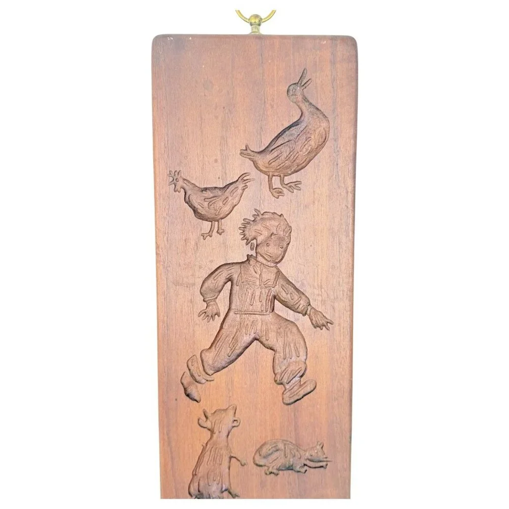 VTG Springerle Double Sided Wood Cookie Mold Press Panel Hangs Fruit Boy Animal